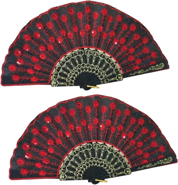 Beluga Yelpaze Şık Siyah Kırmızı Pullu Yelpaze 2 Adet