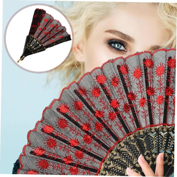 Beluga Yelpaze Şık Siyah Kırmızı Pullu Yelpaze 2 Adet - 2