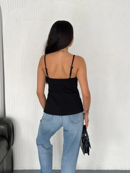 Lucky Life Kadın Dekolte Deraylı Bluz Crop - Siyah