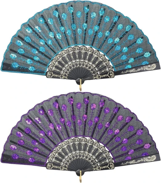 Beluga Yelpaze Şık Siyah Mor/Turkuaz Pullu Yelpaze 2 Adet - 2