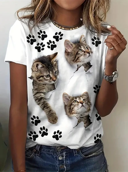 Lucky Life Kadın Kısa Kollu Kedi Ve Pati Baskılı Süprem T-shirt - 2