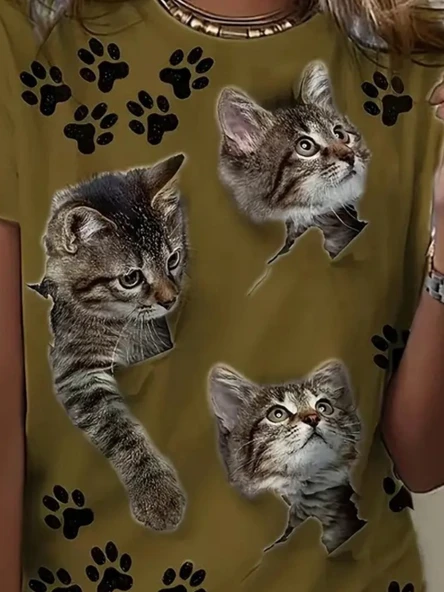 Lucky Life Kadın Kısa Kollu Kedi Ve Pati Baskılı Süprem T-shirt