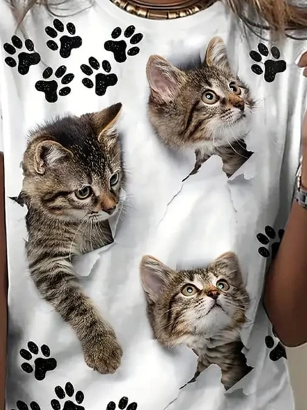 Lucky Life Kadın Kısa Kollu Kedi Ve Pati Baskılı Süprem T-shirt