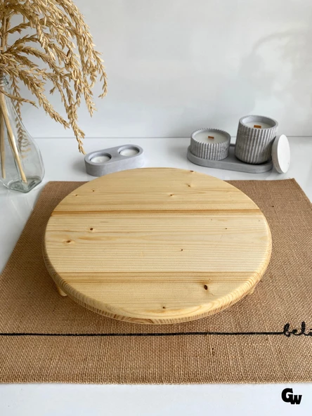Yuvarlak Doğal Ahşap Sunum Tabağı Ayaklı Düz Ahşap Sunumluk(BEYAZ ÇAM)(ÇAP:28cm YÜK:6,5cm) - 3