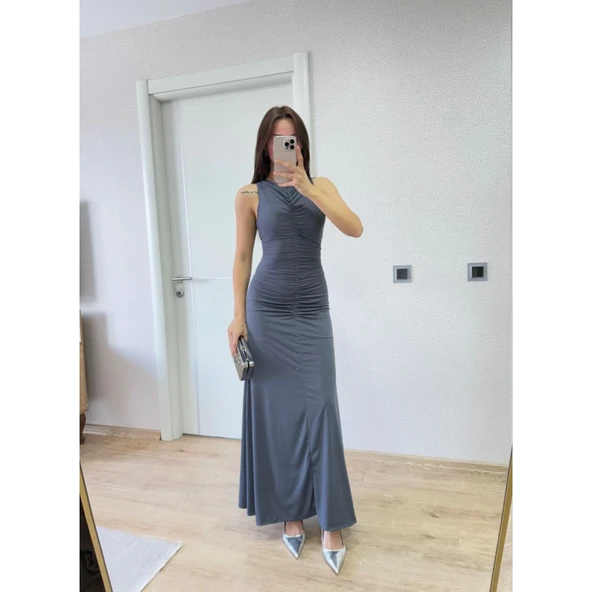 Lucky Life Kadın Kolsuz Büzgülü Uzun Elbise - Füme - 3