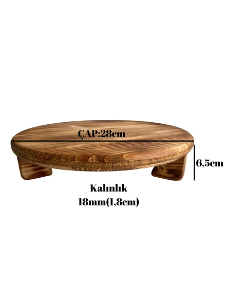 Yuvarlak Doğal Ahşap Sunum Tabağı Ayaklı Düz Ahşap Sunumluk(BEYAZ ÇAM)(ÇAP:28cm YÜK:6,5cm) - 5