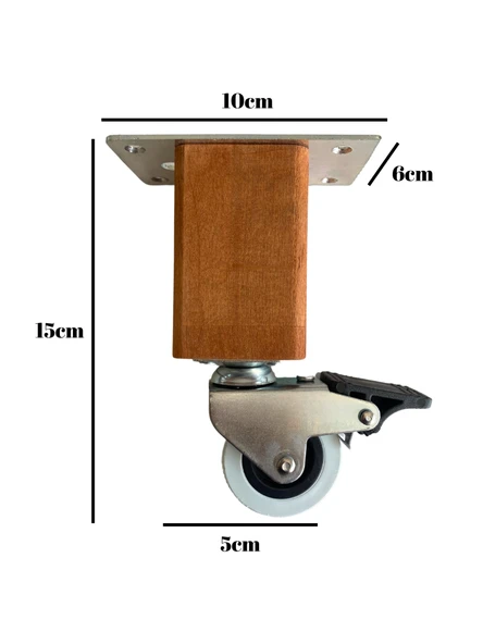 Kale Ahşap 15cm Tekerli Ayak Mobilya Masa ve Dolap Tekerli Ayağı (FRENLİ - FRENSİZ)(15cm)(KAYIN/GÜRGEN AĞACI) Ceviz 15cm FRENLİ 15cm - FRENLİ - 4 ADET - 3