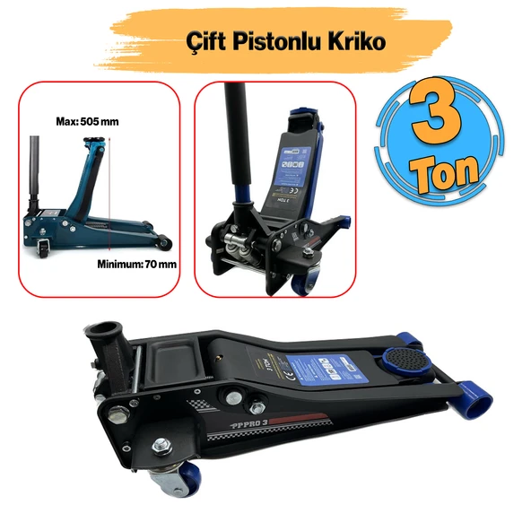 Çift Pistonlu Alçak Şase Profil Kriko 3 Ton Oto Araç Araba Kaldırma Sabitleme Kollu 505 mm