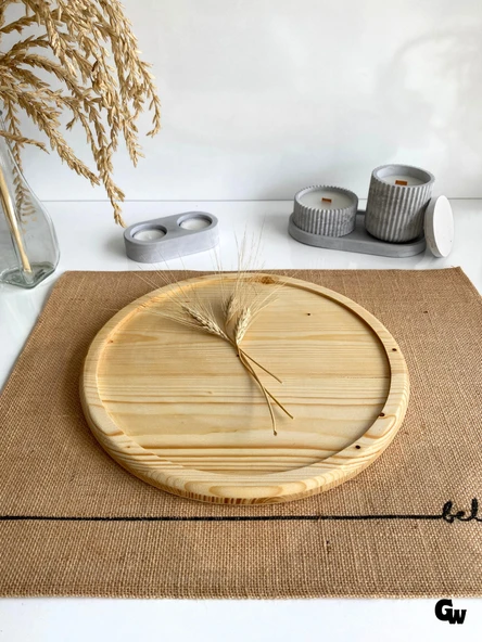 Yuvarlak Doğal Ahşap Sunum Tabağı Çukur Ahşap Sunumluk(BEYAZ ÇAM)(ÇAP:28cm)