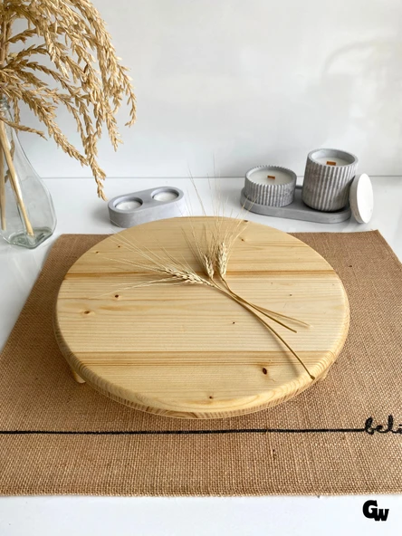 Yuvarlak Doğal Ahşap Sunum Tabağı Ayaklı Düz Ahşap Sunumluk(BEYAZ ÇAM)(ÇAP:28cm YÜK:6,5cm) - 2