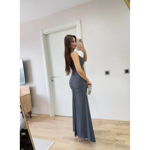 Lucky Life Kadın Kolsuz Büzgülü Uzun Elbise - Füme - 4