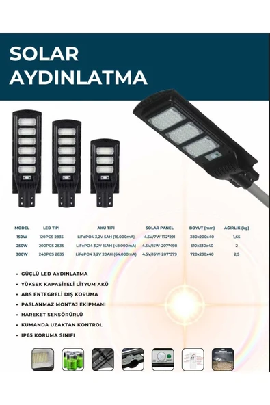 250 W Solar Güneş Enerjili Sensörlü Uzaktan Kumandalı Bahçe Ve Sokak Lambası - 2