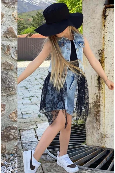 Kız Çocuk Bisiklet Yaka Penye Bluz Dantel İşlemeli Siyah Tüllü Jean Ceket Şapkalı Şortlu Takım - 3