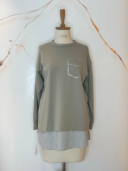 TAŞLI CEPLİ DANTELLİ SWEATSHIRT