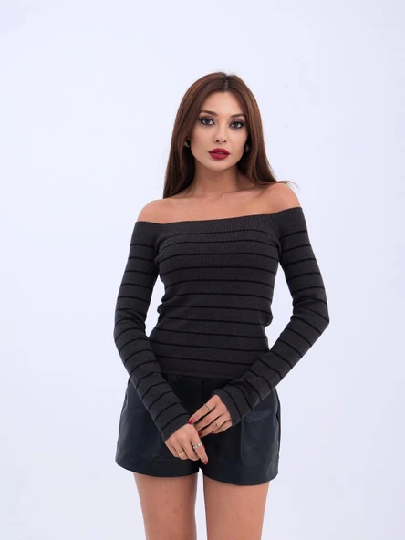 4206 TRİKO ÇİZGİLİ KAYIK YAKA CROP-ANTRASİT-SİYAH - 3