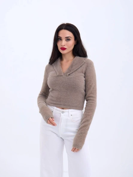 42531 TRİKO SİMLİ YAKALI CROP-KAHVE