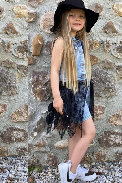 Kız Çocuk Bisiklet Yaka Penye Bluz Dantel İşlemeli Siyah Tüllü Jean Ceket Şapkalı Şortlu Takım - 2