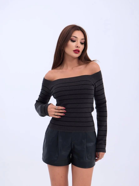 4206 TRİKO ÇİZGİLİ KAYIK YAKA CROP-ANTRASİT-SİYAH - 4