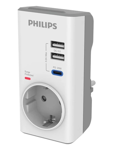 Philips CHP8010W/10 Tekli Akım Korumalı Priz PD Hızlı Şarj QC 3.0 USB-A Desteği