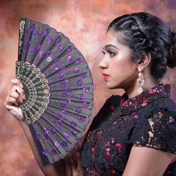 Beluga Yelpaze Şık Siyah Mor Pullu Yelpaze 260136 - 3