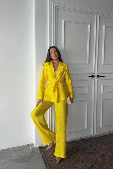 Neon Beli Kuşaklı Ceket Ve Pantolon Parlak Takım - 3