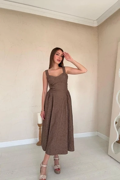Vizon Yanları Büzgülü Göğüs Kuplu Elbise - 3