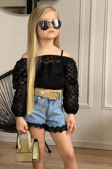 Kız Çocuk Kare Yaka Askılı Atlet Şeffaf Tüllü Düşük Omuzlu Bluz Dantel İşlemeli Jean Şortlu Takım - 4