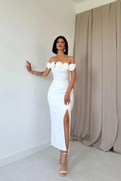 Beyaz Madonna Yaka Güllü Elbise - 2