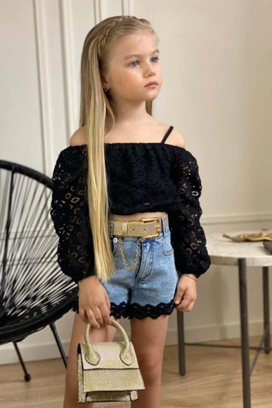 Kız Çocuk Kare Yaka Askılı Atlet Şeffaf Tüllü Düşük Omuzlu Bluz Dantel İşlemeli Jean Şortlu Takım - 3