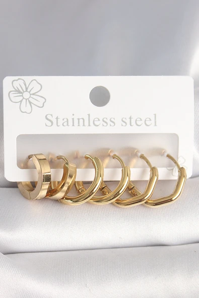316L Çelik Gold Renk Geometrik Halka Model Kadın Küpe Seti - TJ-BKP10391