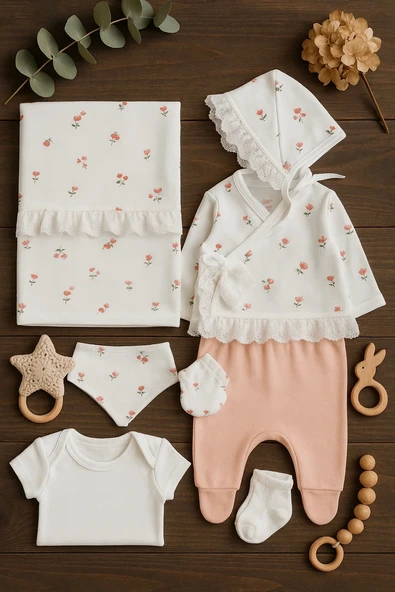 Çiçek Desenli Dantel İşlemeli %100 Pamuk Kız Bebek 8'li Hastane Çıkışı - 2