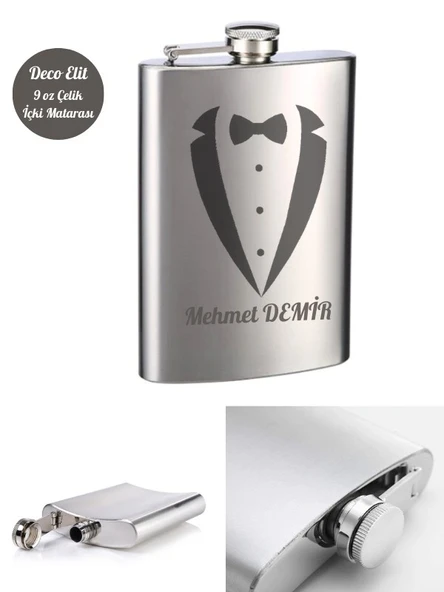 Kişiye Özel Smokin Damat Temalı 9 Oz Çelik Cep Matarası 266 Ml içki  Alkol Matarası Sevgiliye Hediye
