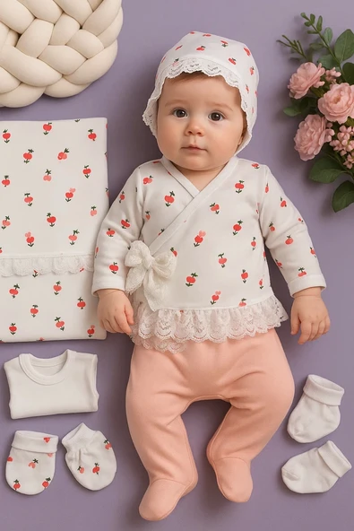 Çiçek Desenli Dantel İşlemeli %100 Pamuk Kız Bebek 8'li Hastane Çıkışı