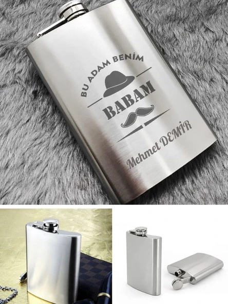 İsme Özel Kral Babam 9 Oz  Çelik Cep Matarası 266 Ml içki  Alkol Matarası Babaya Hediye - 1