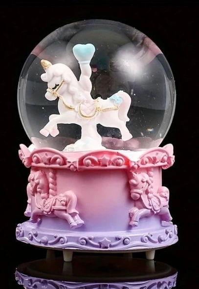 Mor Unicorn Tasarımlı Kar Küresi Işıklı Müzikli Orta Boy 12 cm