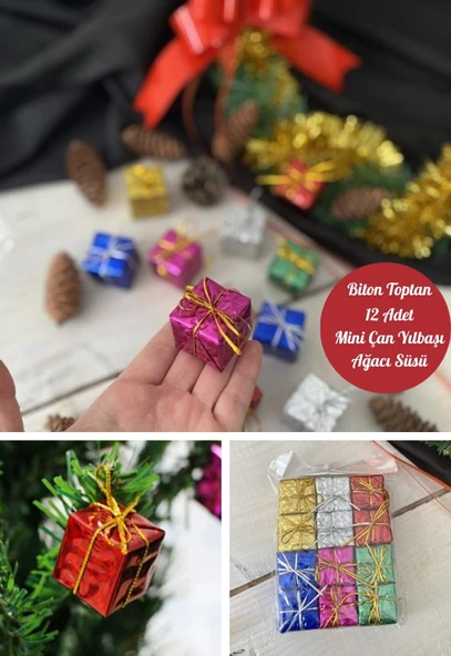 12 Adet Hediye Paketi Renkli Noel Yılbaşı Çam Ağacı Süsü 3 cm