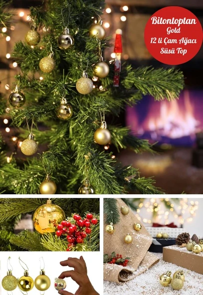 12 Adet Gold 2,5 Cm Mini Yılbaşı Topu, Noel Çam Ağacı Topu, Süs Topu - 2
