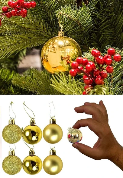 12 Adet Gold 2,5 Cm Mini Yılbaşı Topu, Noel Çam Ağacı Topu, Süs Topu - 5