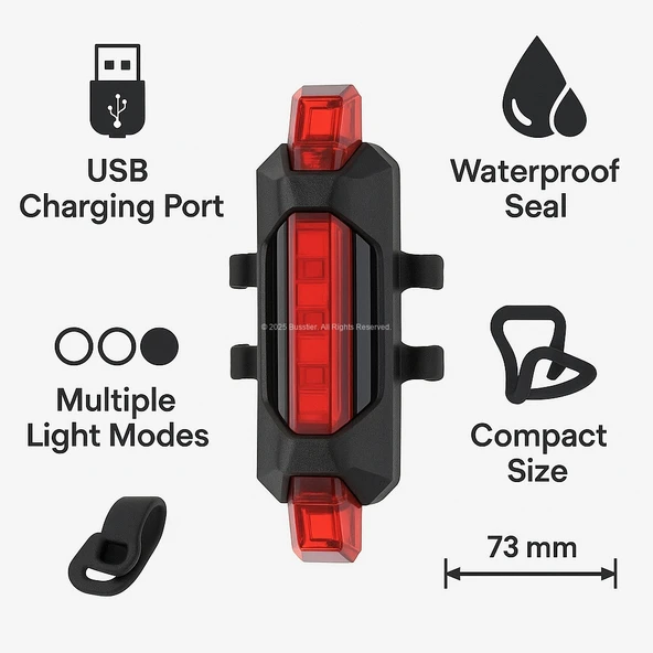 USB Şarjlı Su Geçirmez LED Bisiklet Arka Lambası - 5 Modlu Kompakt Güvenlik Işığı - 7