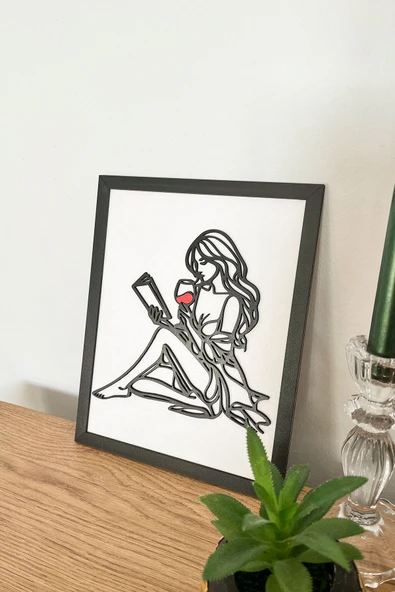 Modern Siyah Çerçeveli Ahşap Kitap Okuyan Kadın Tablosu | 3D Katmanlı Tasarım – 25x20 cm - 2