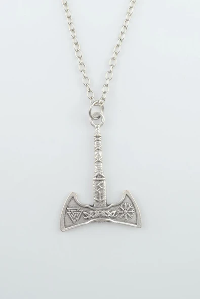 Viking Run Sembol Balta Gümüş Kaplama Düz Zincir Kolye ürün görseli 1