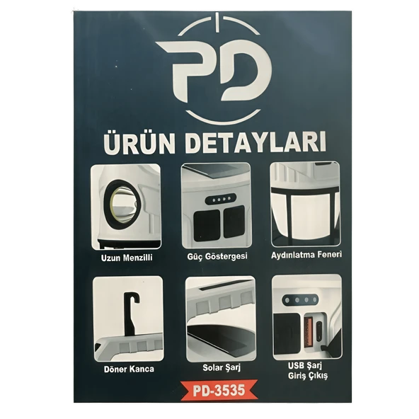Orpemo Powerdex PD 3535 Solar Şarjlı Kamp Lambası Çift Işıklı, Taşınabilir, Güneş Enerjili LED Fener - Resim 5