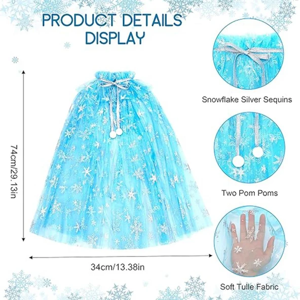 Nessiworld Karlar Ülkesi Elsa Frozen Mavi Pelerin – 80 cm Kar Desenli Çocuk Pelerini ( Taç Hariç ) - 3