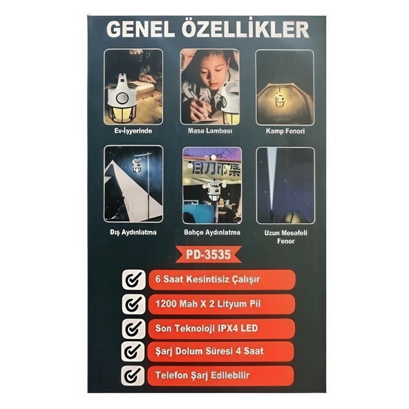 Orpemo Powerdex PD 3535 Solar Şarjlı Kamp Lambası Çift Işıklı, Taşınabilir, Güneş Enerjili LED Fener - Resim 6