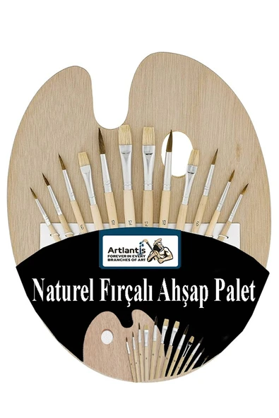 Ahşap Palet Oval Naturel 12 li Resim Fırçası Seti 1 Paket Yuvarlak ve Kesik Uçlu Boyama Fırçası Akrilik Yağlı Guaj Boya