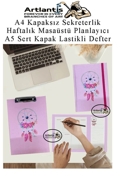 Desenli A4 Kapaksız Sekreterlik Masaüstü Haftalık Planlayıcı ve A5 Sert Kapak Lastikli Defter Planner Planlama Seti Ofis - 7
