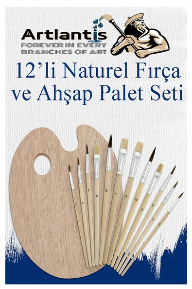 Ahşap Palet Oval Naturel 12 li Resim Fırçası Seti 1 Paket Yuvarlak ve Kesik Uçlu Boyama Fırçası Akrilik Yağlı Guaj Boya - 3