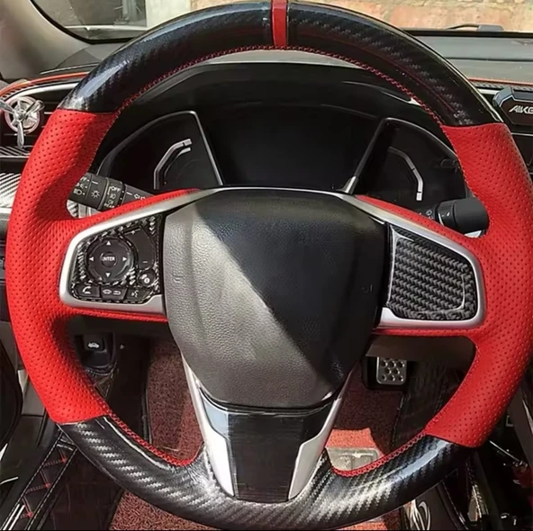 Honda Civic Fc5 Araca Özel Direksiyon Kılıfı (5D KRİSTAL KARBON KIRMIZI NOKTA) ürün görseli