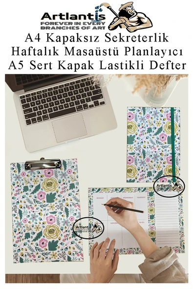 Desenli A4 Kapaksız Sekreterlik Masaüstü Haftalık Planlayıcı ve A5 Sert Kapak Lastikli Defter Planner Planlama Seti Ofis