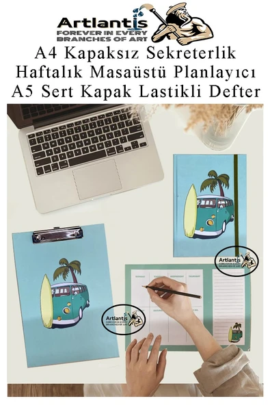 Desenli A4 Kapaksız Sekreterlik Masaüstü Haftalık Planlayıcı ve A5 Sert Kapak Lastikli Defter Planner Planlama Seti Ofis - 5
